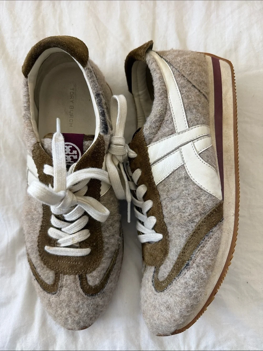 Tory Burch Wool Blend Lace-Up Sneakers in Beige & Olive